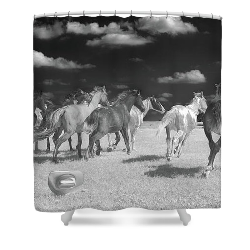 Horse Shower Curtain featuring the photograph At the Drop of a Hat - Blackjack Mountain Spanish Mustangs Infrared by Bert Peake