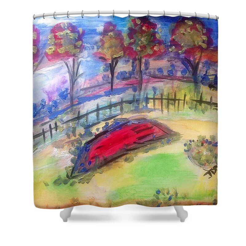 Boat Shower Curtain featuring the painting At the old boathouse by Judith Desrosiers