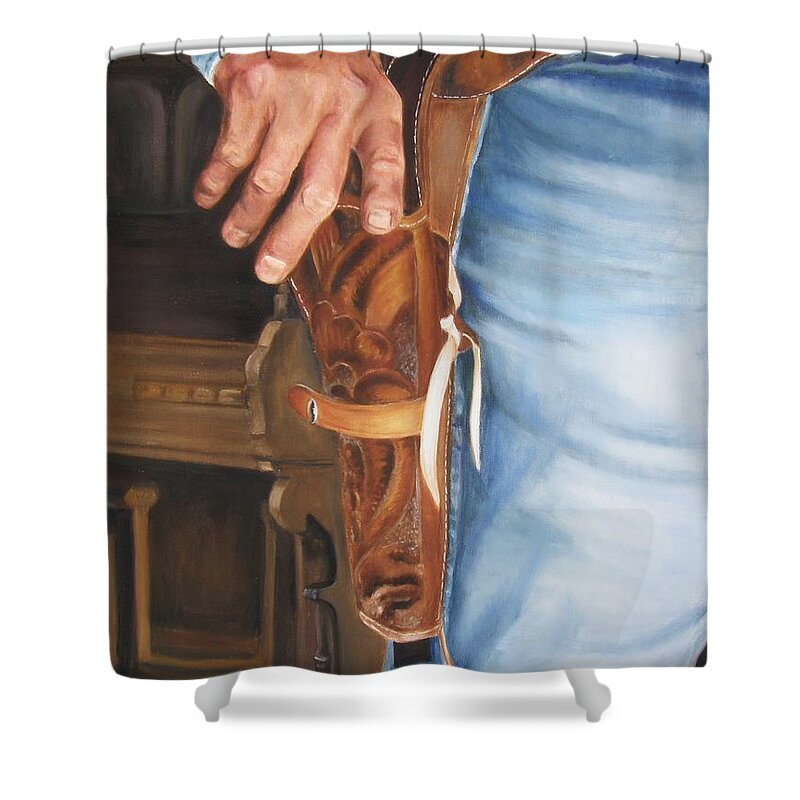 Cowboy Shower Curtain featuring the painting At the Ready by Lori Brackett