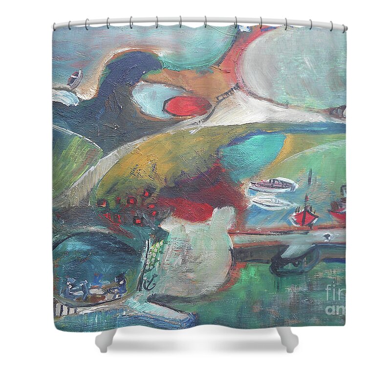 Another One Of My Early Oil Paintings Created At Age 14! Shower Curtain featuring the painting At The Sea Shore by Katerina Stamatelos
