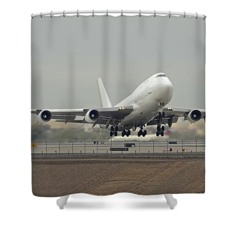 Airplane Shower Curtain featuring the photograph Atlas Air Boeing 747-45E-SF N473MC Phoenix Sky Harbor December 24 2015 by Brian Lockett