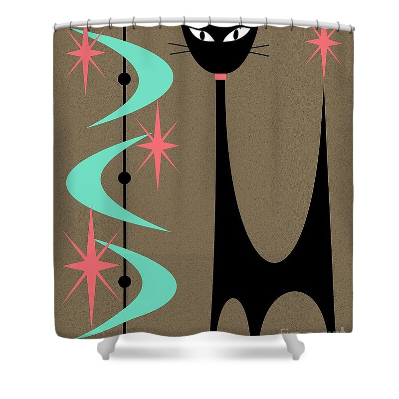 Mid Century Modern Shower Curtain featuring the digital art Atomic Cat Aqua and Pink by Donna Mibus