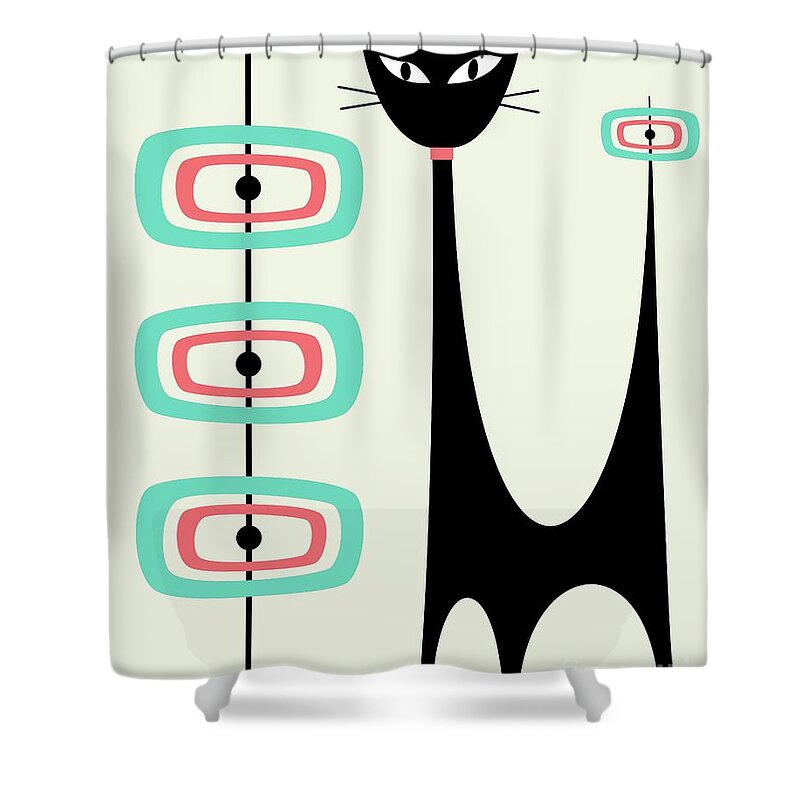 Mid Century Modern Shower Curtain featuring the digital art Atomic Cat Orbs Aqua and Pink on Cream by Donna Mibus