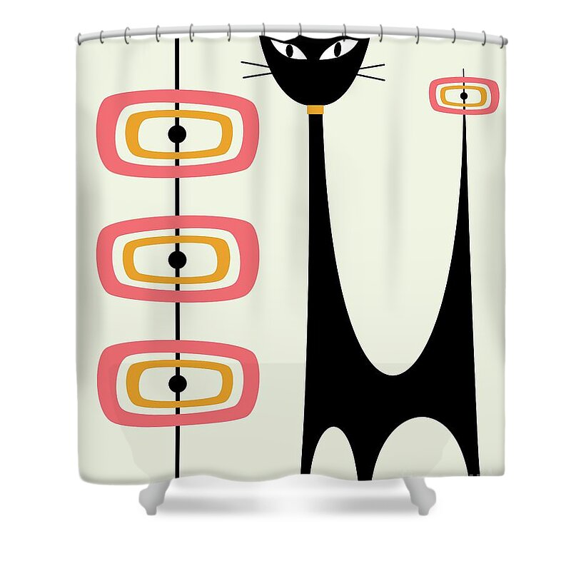 Mid Century Modern Shower Curtain featuring the digital art Atomic Cat Orbs Pink and Gold on Cream by Donna Mibus