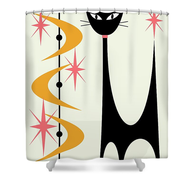Mid Century Modern Shower Curtain featuring the digital art Atomic Cat Pink and Gold on Cream by Donna Mibus