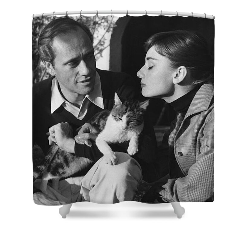 B&w Shower Curtain featuring the photograph Audrey Hepburn and Mel Ferrer by George Daniell