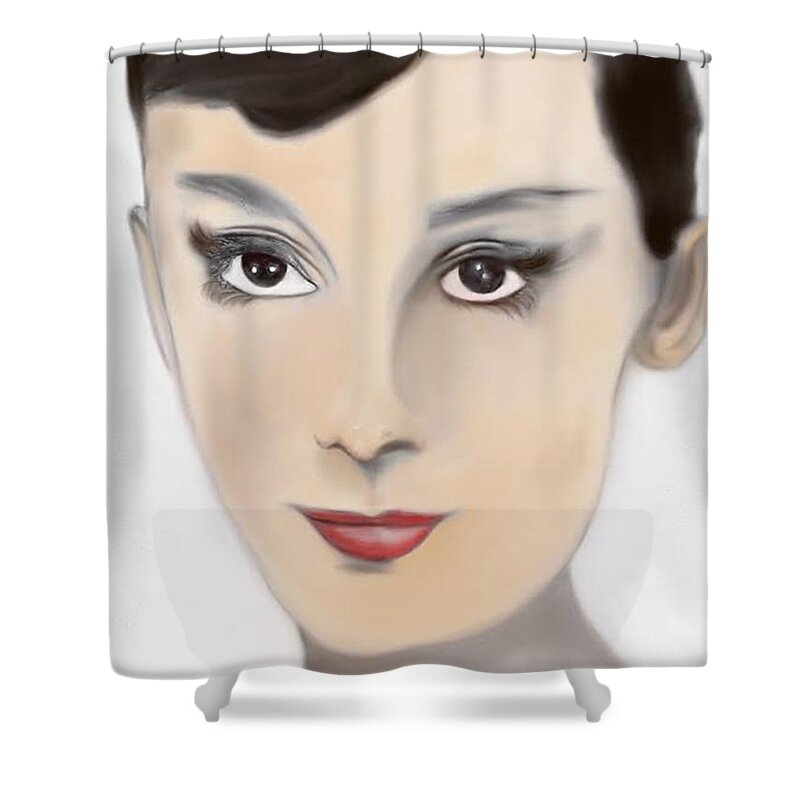 Audrey Hepburn Shower Curtain featuring the drawing Audrey Hepburn Color by Dan Twyman