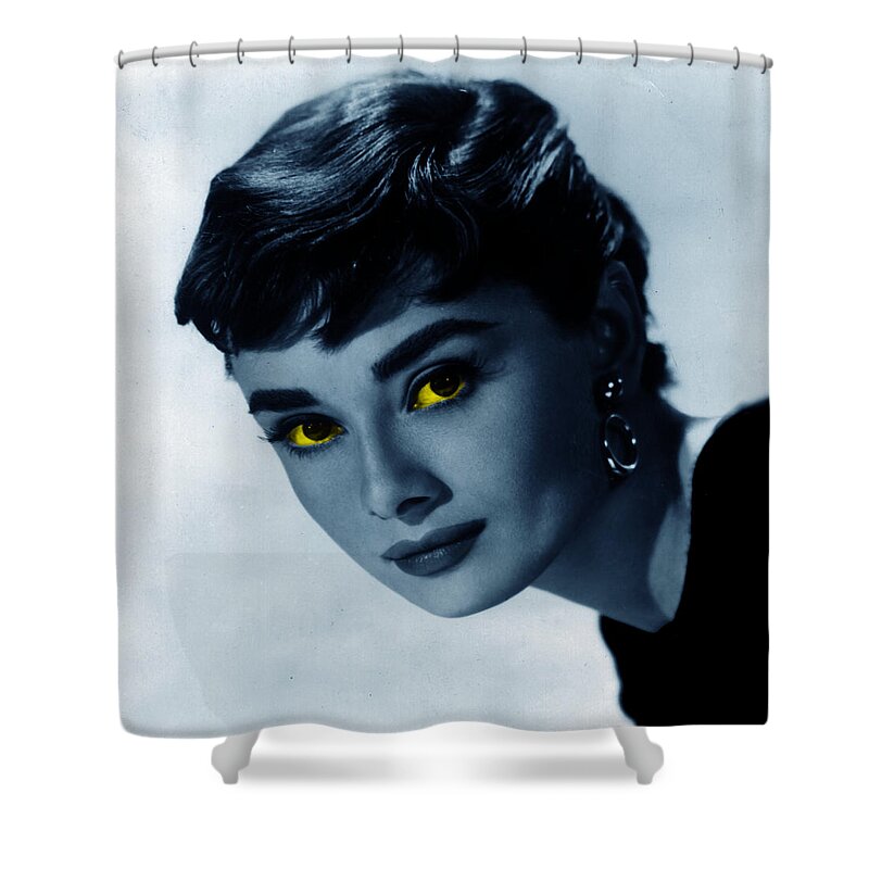 Audrey Hepburn Shower Curtain featuring the photograph Audrey in blue by Emme Pons