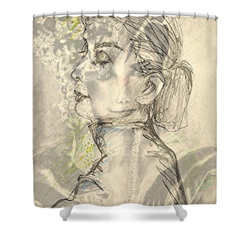 Audrey Hepburn Shower Curtain featuring the painting Audrey Two -- Portrait of Audrey Hepburn by Jayne Somogy