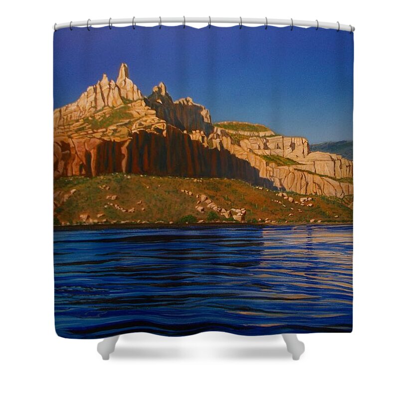 Apache Lake Shower Curtain featuring the painting August at Apache Lake by Jerry Bokowski