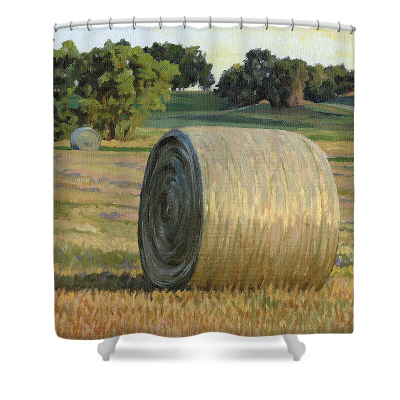 Landscape Shower Curtain featuring the painting August Bales by Bruce Morrison