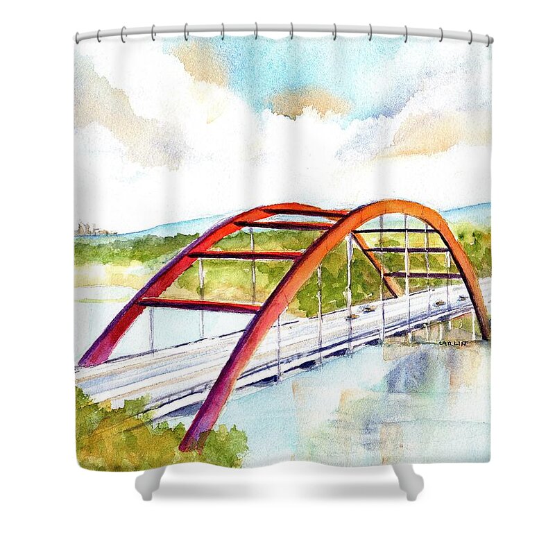 Bridge Shower Curtain featuring the painting Austin 360 Bridge - Pennybacker by Carlin Blahnik CarlinArtWatercolor
