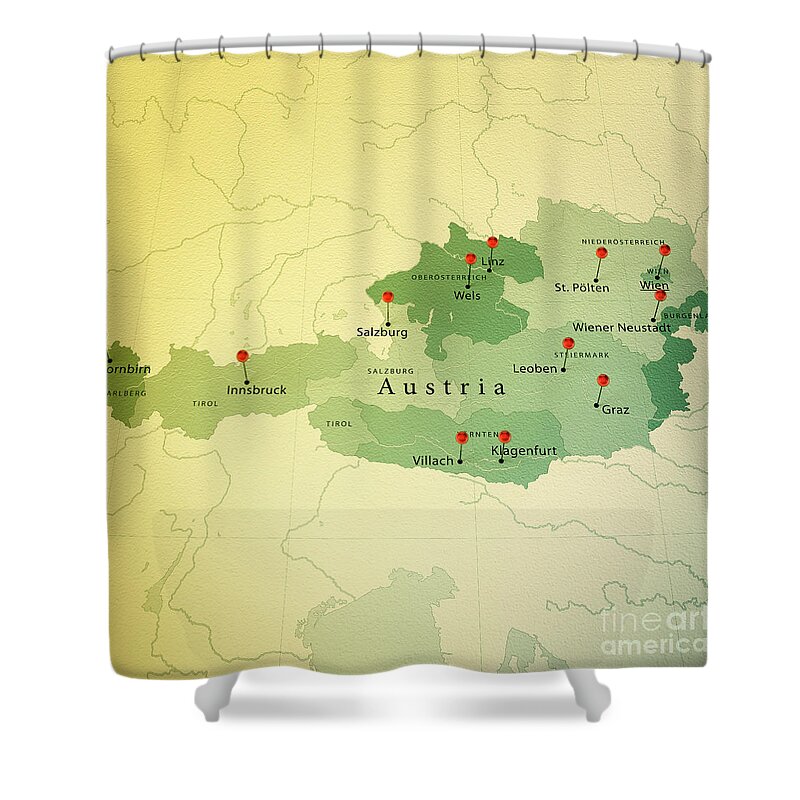 Cartography Shower Curtain featuring the digital art Austria Map Square Cities Straight Pin Vintage by Frank Ramspott