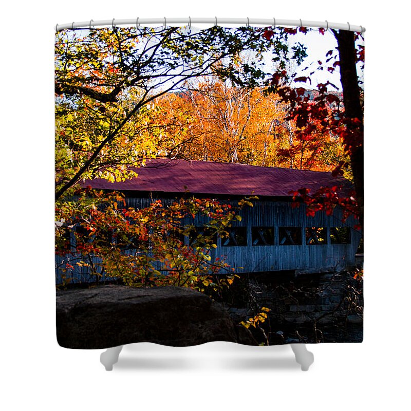 #jefffolger #vistaphotography Shower Curtain featuring the photograph autumn arrives at the Albany covered bridge by Jeff Folger