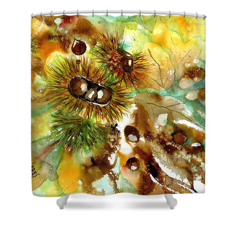 Autumn Shower Curtain featuring the painting Autumn chestnuts by Sabina Von Arx
