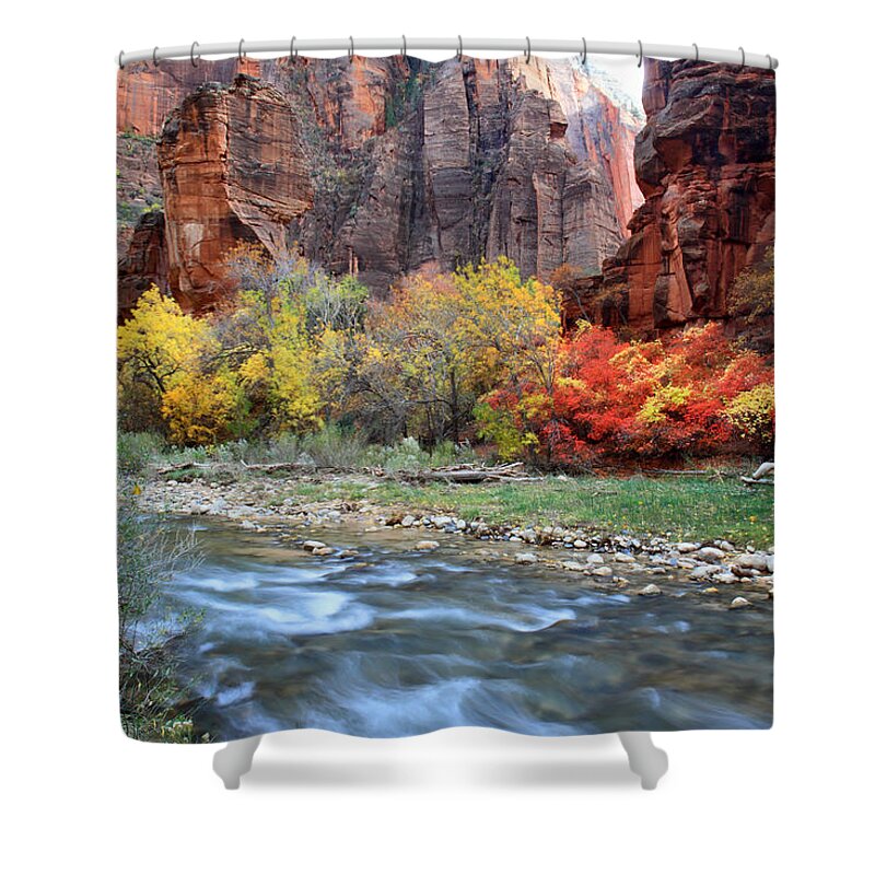 Zion Shower Curtain featuring the photograph Autumn Colors at Sinawava temple by Pierre Leclerc Photography