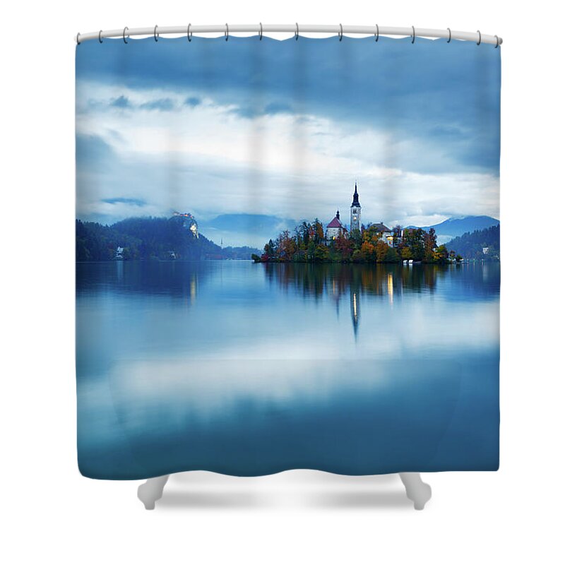 Bled Shower Curtain featuring the photograph Autumn dusk at Lake Bled by Ian Middleton