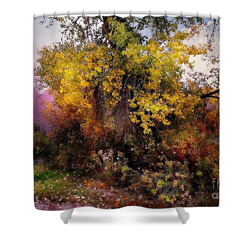 Yellows Shower Curtain featuring the digital art Autumn glory by Annie Gibbons