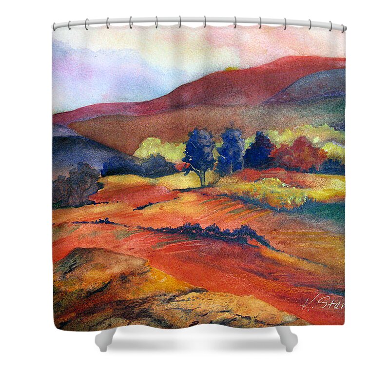 Landscape Shower Curtain featuring the painting Autumn in the Country by Karen Stark