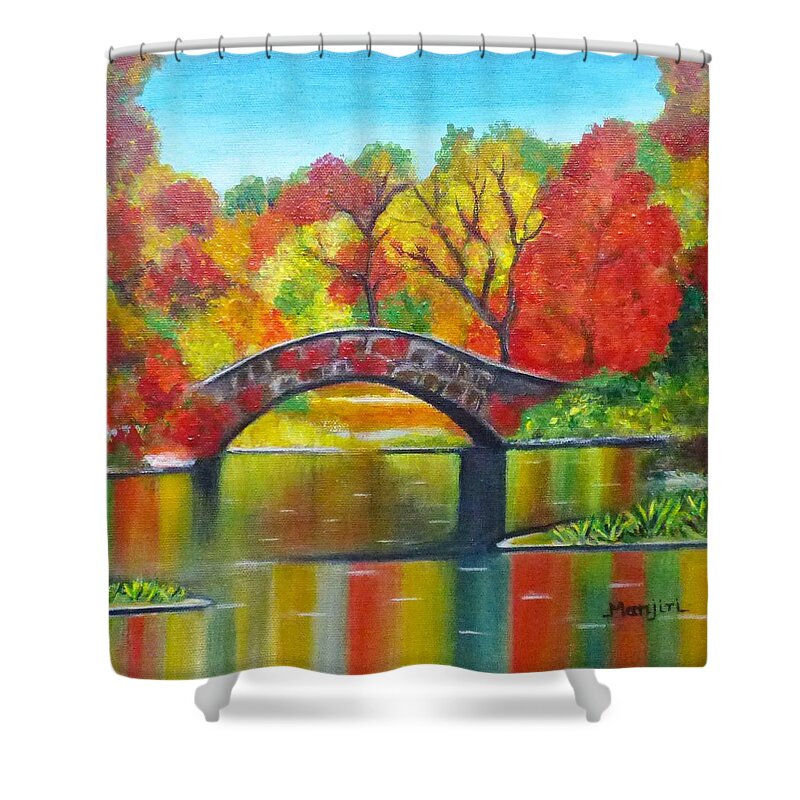 Autumncolors Landscapepainting Fallcolors Orangetree Bridge Flowers Reflection Water Calm Newyork Yellow Blue Lake Colorful Holidayart Giftart Grass Green Shower Curtain featuring the painting Autumn Landscape -Colors of Fall by Manjiri Kanvinde