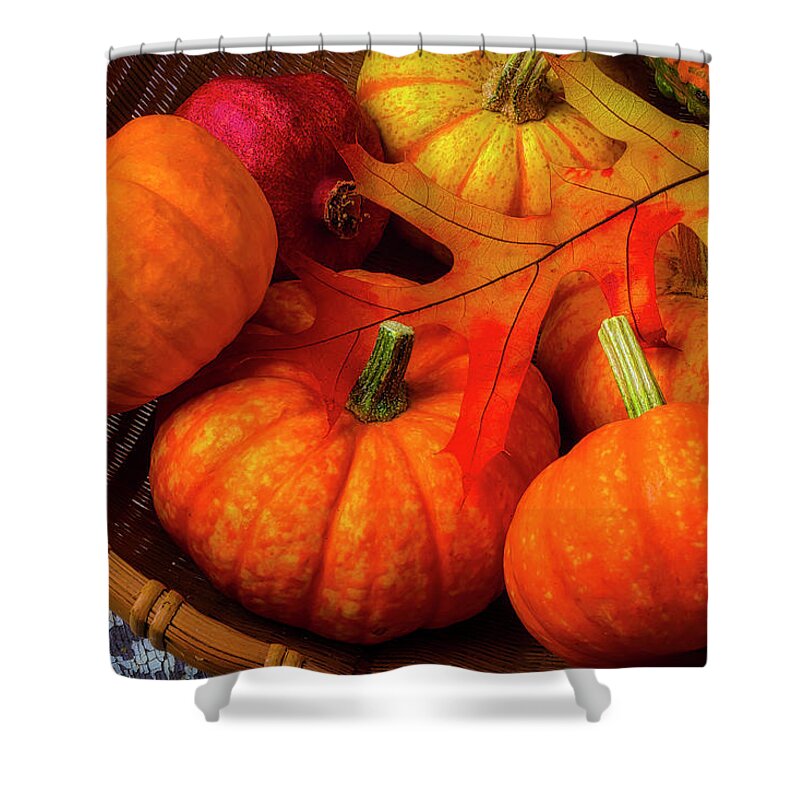 Small Shower Curtain featuring the photograph Autumn Leaf With Pumpkins by Garry Gay