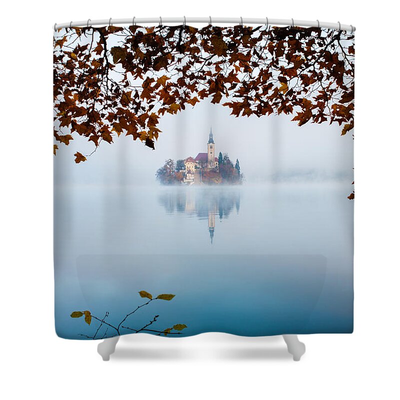 Bled Shower Curtain featuring the photograph Autumn Mist over Lake Bled by Ian Middleton