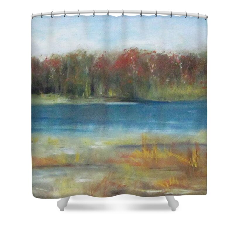 Pastel Shower Curtain featuring the painting Autumn On The Maurice River by Paula Pagliughi