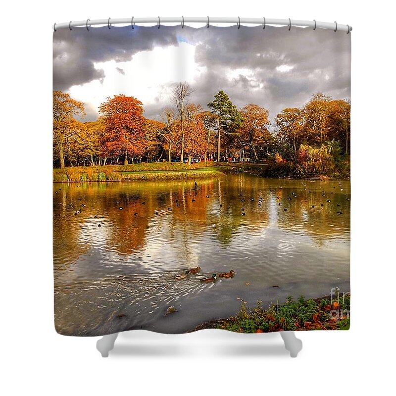 Southport Shower Curtain featuring the photograph Autumn Over The Lake at Hesketh Park 2 by Joan-Violet Stretch