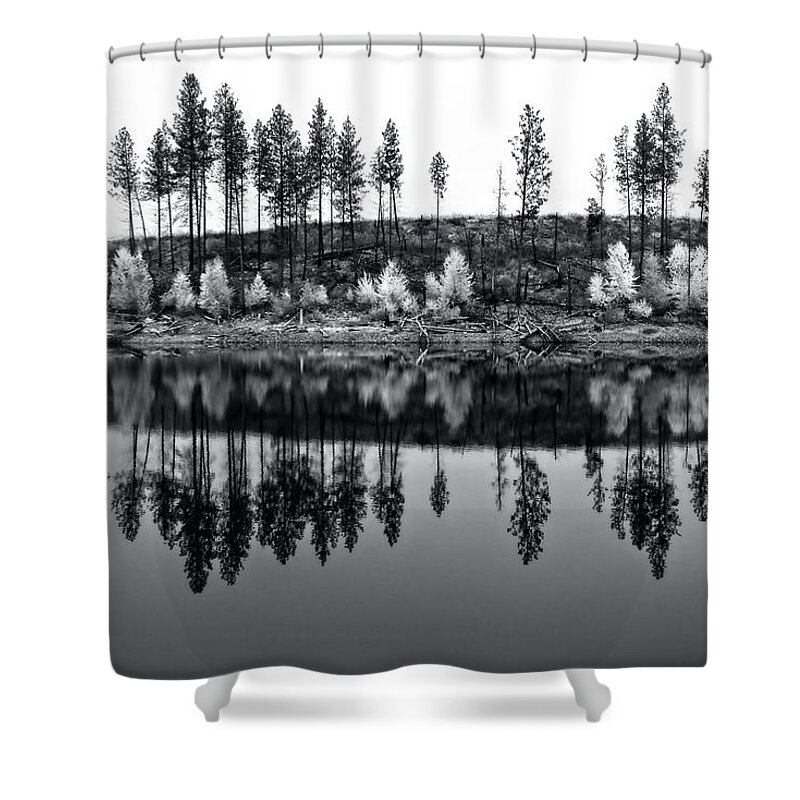 British Columbia Shower Curtain featuring the photograph Autumn Reflections II Black and W by Allan Van Gasbeck