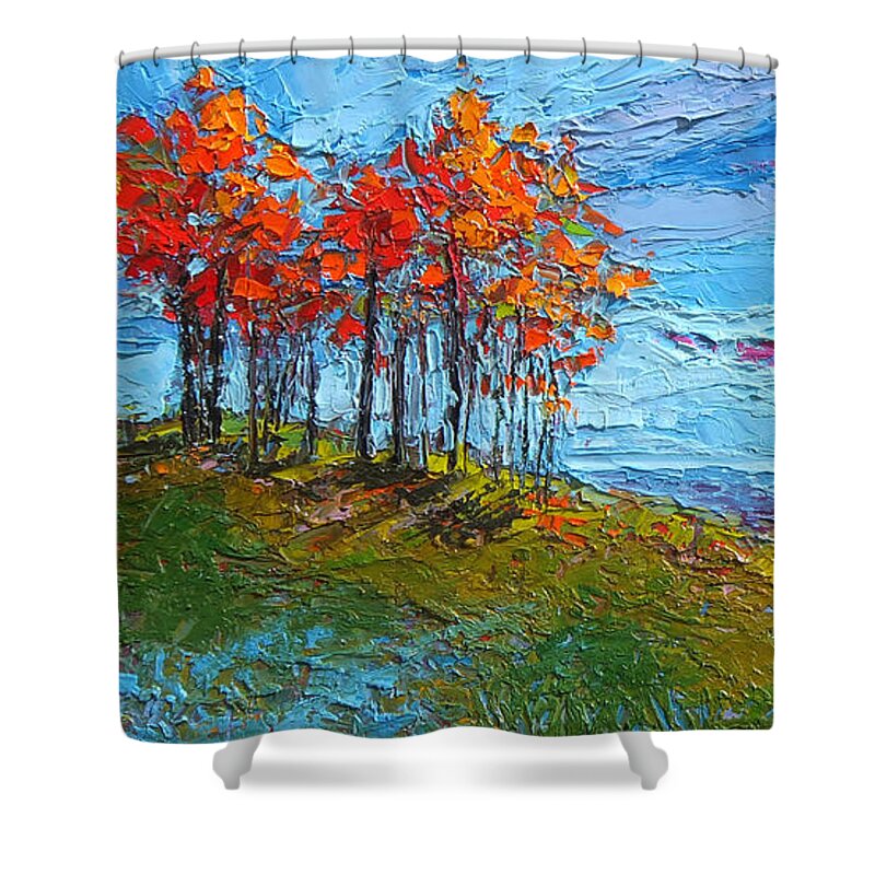 Autumn Colors Shower Curtain featuring the painting Autumn Sunset - Modern Impressionist palette knife oil painting by Patricia Awapara