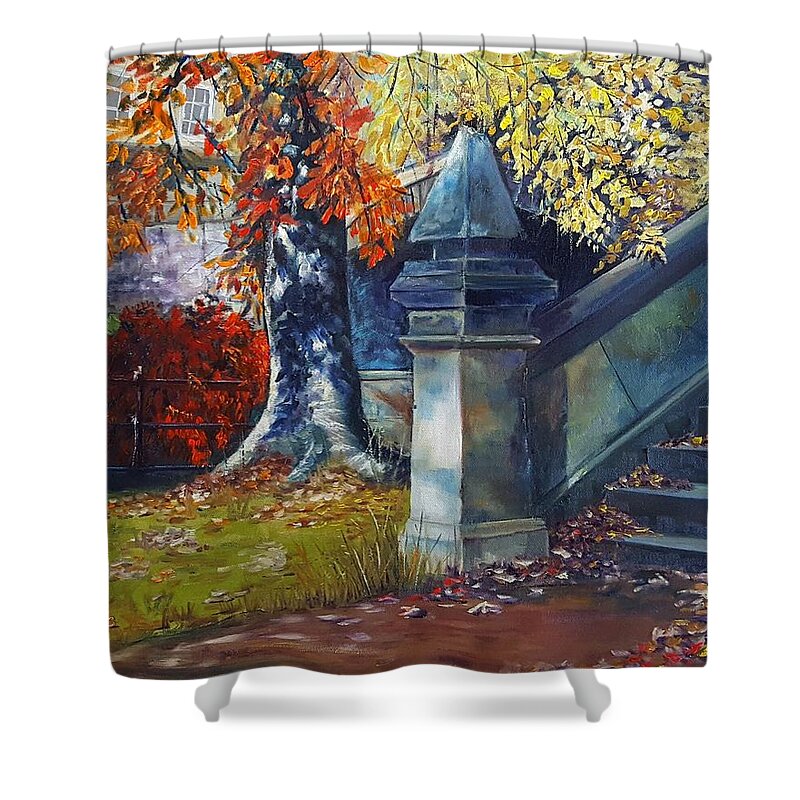 Fall Shower Curtain featuring the painting Autumn under the Bridge by Connie Rish