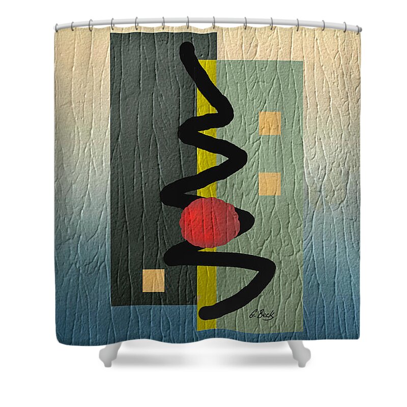 Red Ball Gradient Tones Blue Yellow Gray Energetic Geometric Abstract Textured Design Modern Contemporary Vibrant Colorful Urban Loft Decor Mood Elevation G. Shower Curtain featuring the digital art Awake by Gordon Beck