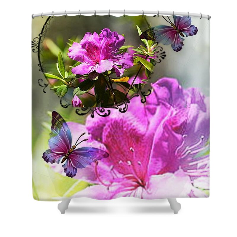 Azaleas And Butterflies Shower Curtain featuring the photograph Azalea and Butterflies by Maria Urso