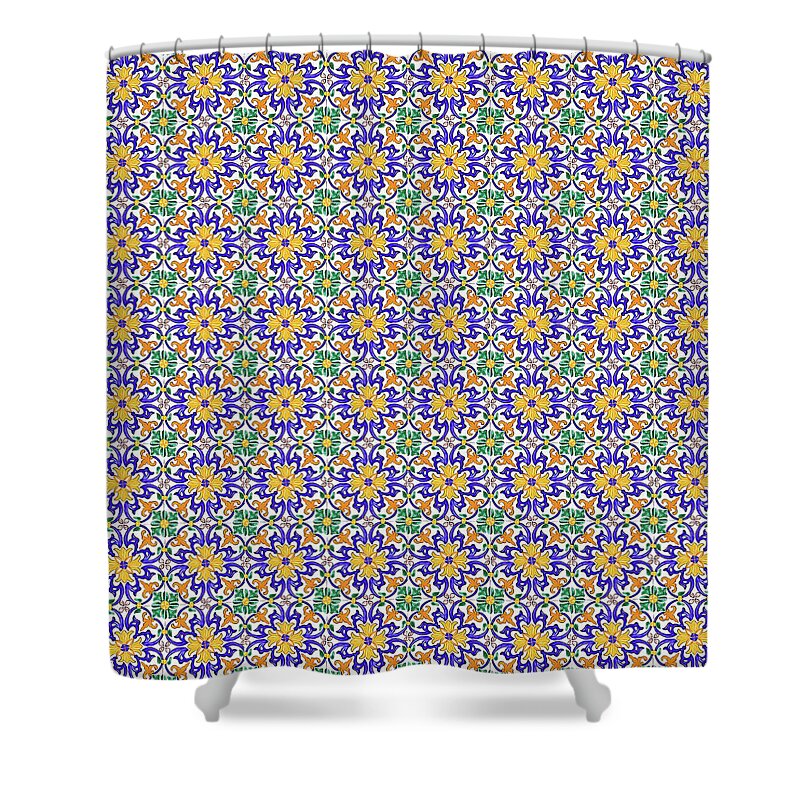 Seville Azulejo Shower Curtain featuring the digital art Azulejo Floral Pattern - 13 by AM FineArtPrints
