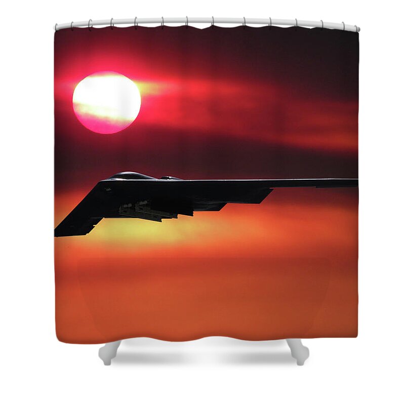 B-2 Stealth Bomber Shower Curtain featuring the mixed media B-2 Stealth Bomber in the Sunset by Erik Simonsen