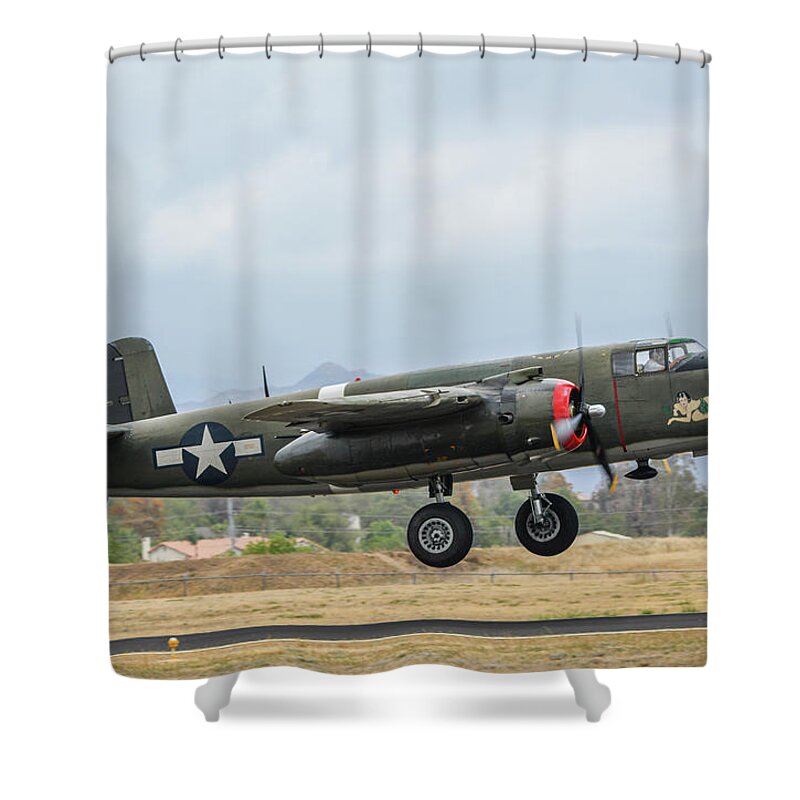 April 2016 Shower Curtain featuring the photograph B-25 Mitchell Tondelayo by Tommy Anderson