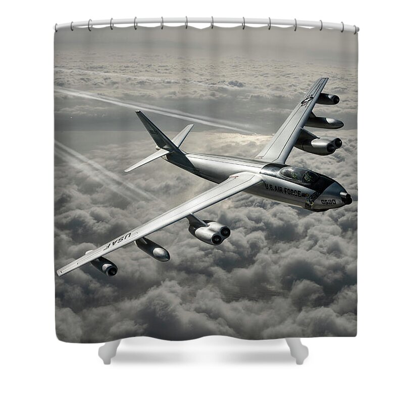 Boeing B-47 Stratojet Shower Curtain featuring the digital art B-47E Stratojet with Contrails by Erik Simonsen