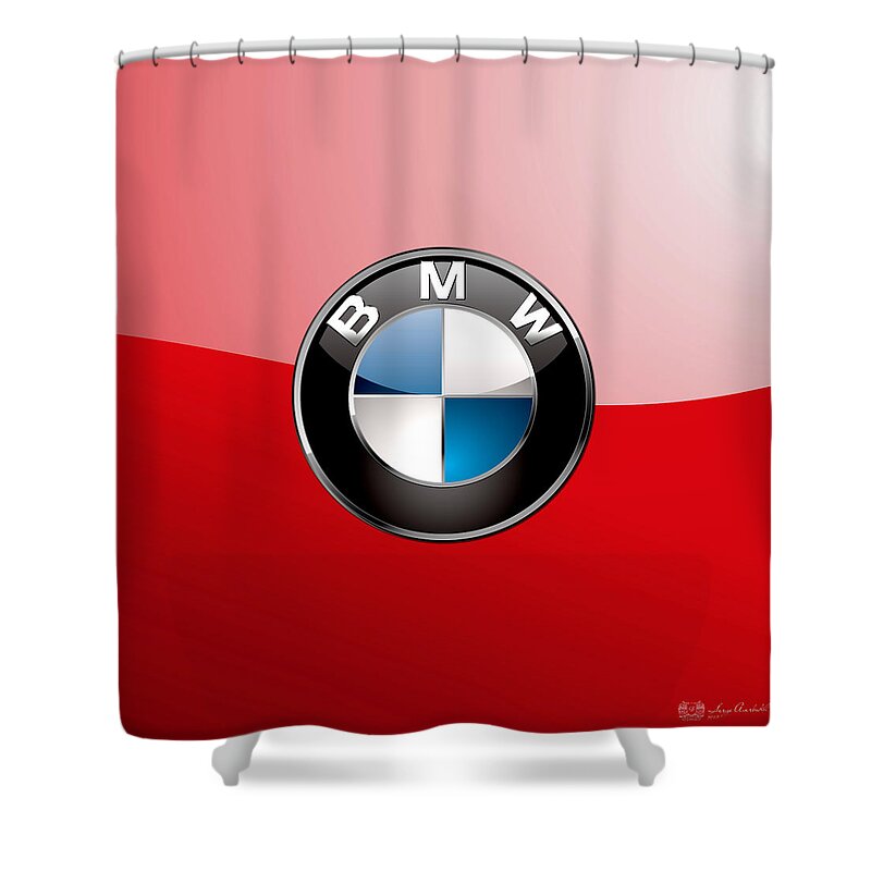 'auto Badges 3d' By Serge Averbukh Shower Curtain featuring the photograph B M W Badge On Red by Serge Averbukh