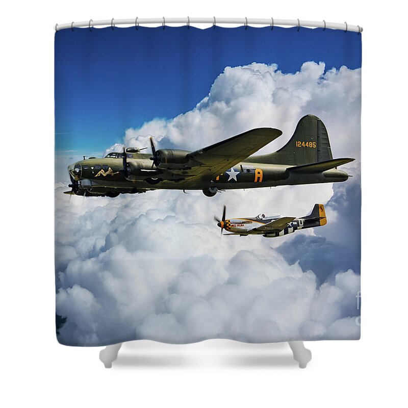 B-17 Shower Curtain featuring the digital art B17 Flying Fortress and P51 Mustang by Airpower Art