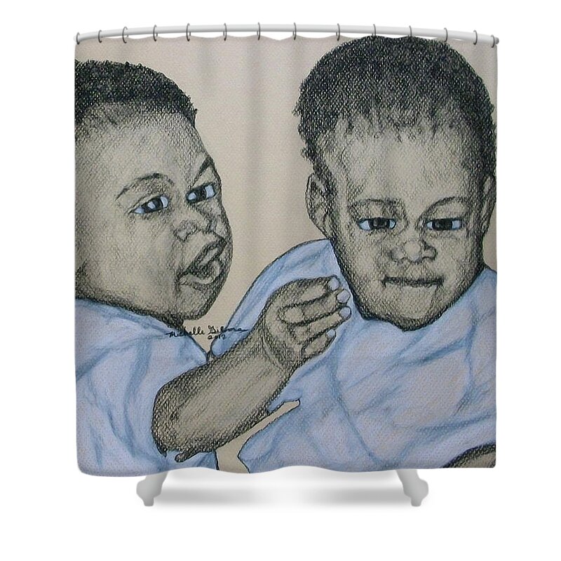 Portrait Shower Curtain featuring the drawing Babies by Michelle Gilmore
