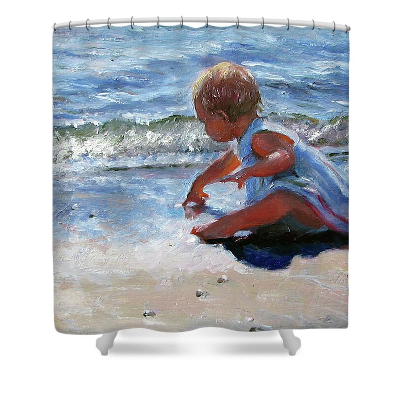 Babies Shower Curtain featuring the painting Baby and the Beach by Marie Witte