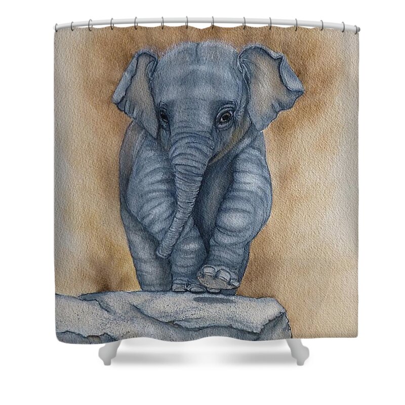 The Playroom Shower Curtain featuring the painting Baby Elephant by Kelly Mills