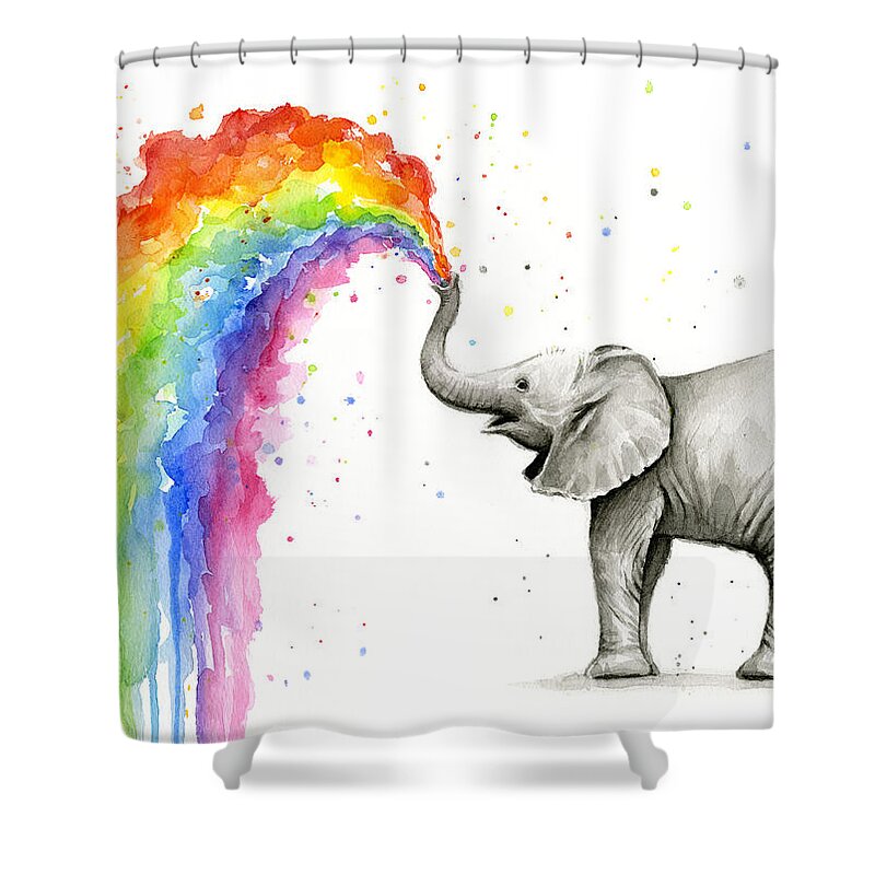 Baby Shower Curtain featuring the painting Baby Elephant Spraying Rainbow by Olga Shvartsur