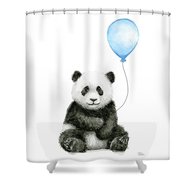 Baby Panda Shower Curtain featuring the painting Baby Panda with Blue Balloon Watercolor by Olga Shvartsur