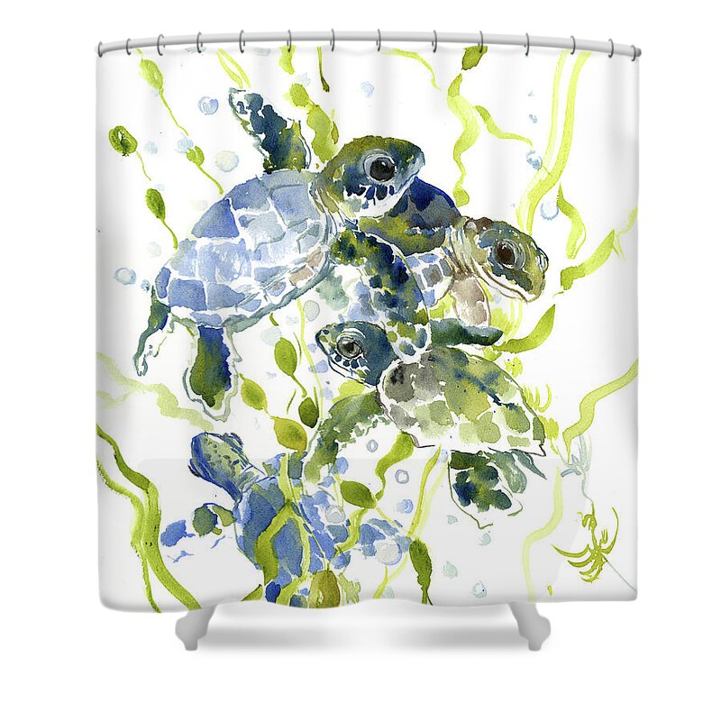 Sea Turtle Art Shower Curtain featuring the painting Baby Sea Turtles in the Sea by Suren Nersisyan