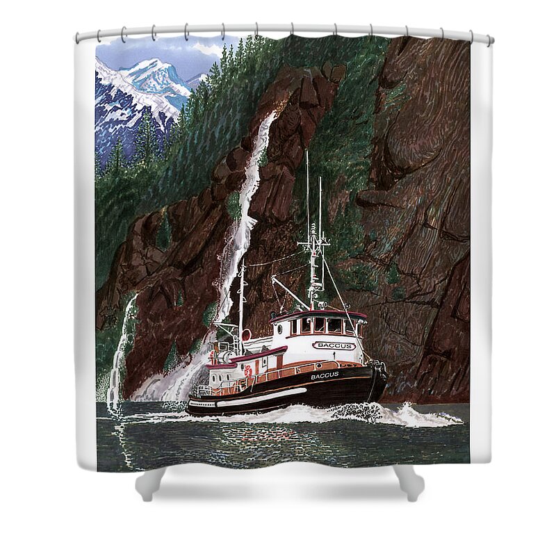 A 60 Foot Tugboat Converted To A Bunk & Breakfast Shower Curtain featuring the painting BACCUS Yacht Tug by Jack Pumphrey