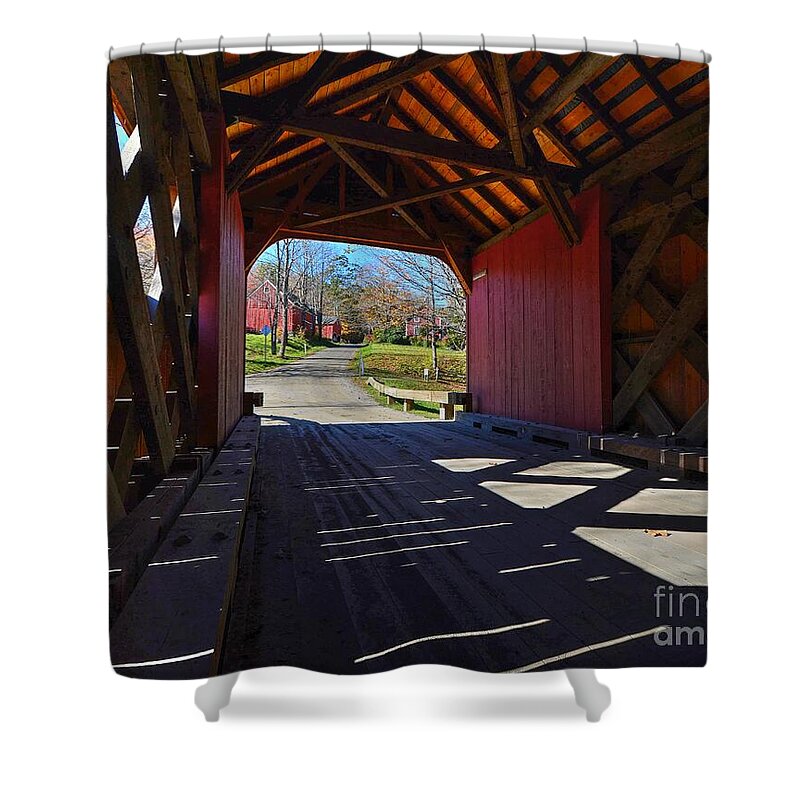 Vermont Shower Curtain featuring the photograph Back Roads of Vermont Through a Covered Bridge by Steve Brown
