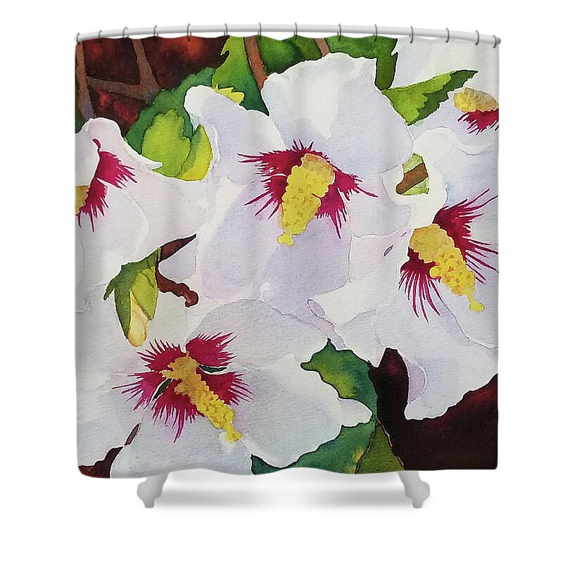 White Flowers Shower Curtain featuring the painting Backyard Blooms by Judy Mercer