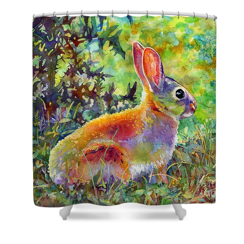 Bunny Shower Curtain featuring the painting Backyard Bunny by Hailey E Herrera