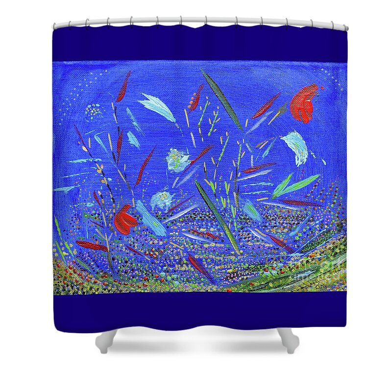Blue Shower Curtain featuring the painting Backyard Party by Corinne Carroll